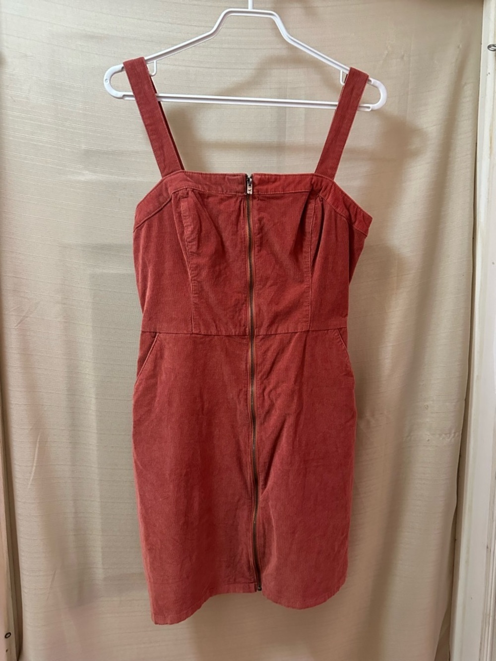 Hollister Corduroy Mini Dress M Rust Zip Front Y2K Fitted Pocket